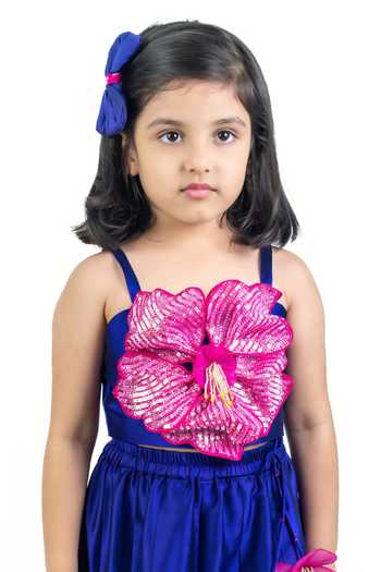 Shop_Label Kiaa_Blue Taffeta 3d Flower Embroidered Top And Lehenga Set _Online_at_Aza_Fashions