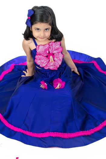 Label Kiaa_Blue Taffeta 3d Flower Embroidered Top And Lehenga Set _at_Aza_Fashions