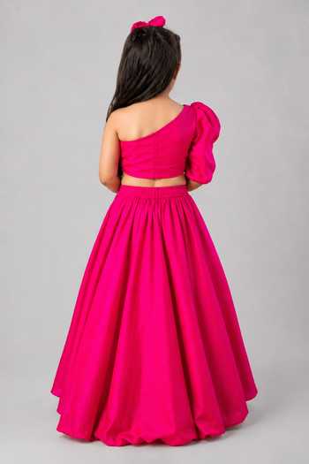 Shop_Label Kiaa_Pink Taffeta One Shoulder Blouse And Lehenga Set _at_Aza_Fashions
