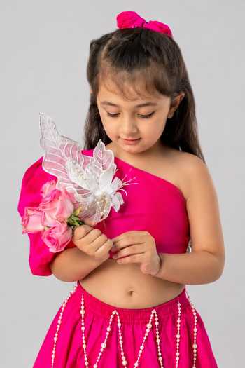 Label Kiaa_Pink Taffeta One Shoulder Blouse And Lehenga Set _Online_at_Aza_Fashions