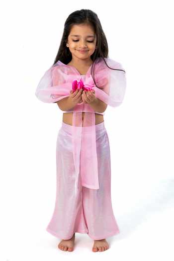 Buy_Label Kiaa_Pink Organza, Fabric Big Bow Top And Flared Pant Set _at_Aza_Fashions