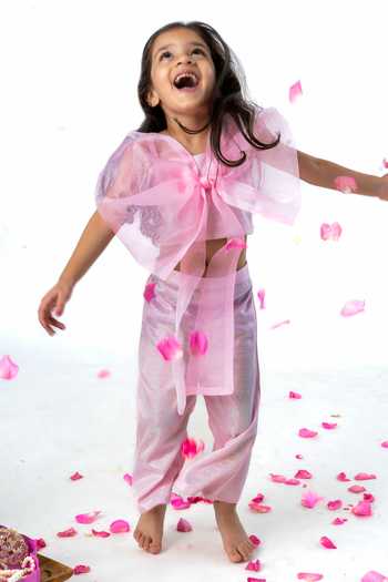 Shop_Label Kiaa_Pink Organza, Fabric Big Bow Top And Flared Pant Set _at_Aza_Fashions