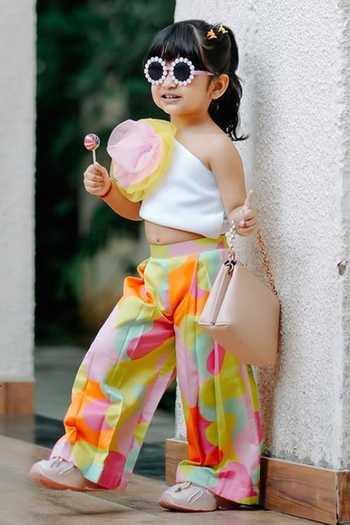 Shop_Label Kiaa_White Satin One Shoulder Top And Printed Pant Set _at_Aza_Fashions