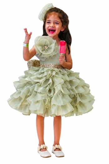 Label Kiaa_Green Organza Ruffle Embroidered Dress _Online_at_Aza_Fashions