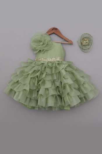 Buy_Label Kiaa_Green Organza Ruffle Embroidered Dress _Online_at_Aza_Fashions