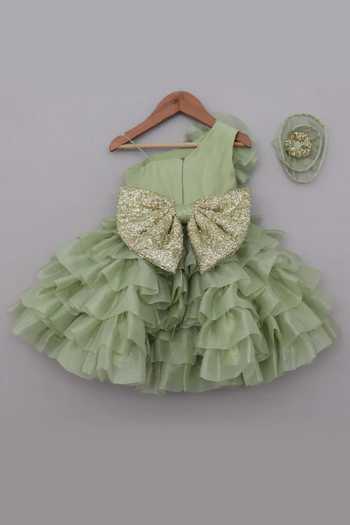 Shop_Label Kiaa_Green Organza Ruffle Embroidered Dress _at_Aza_Fashions