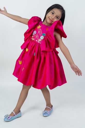 Label Kiaa_Pink Taffeta Butterfly Embroidered Dress _Online_at_Aza_Fashions