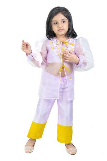 Label Kiaa_Purple Organza, Linen 3d Sequin Work Top And Pant Set _Online_at_Aza_Fashions