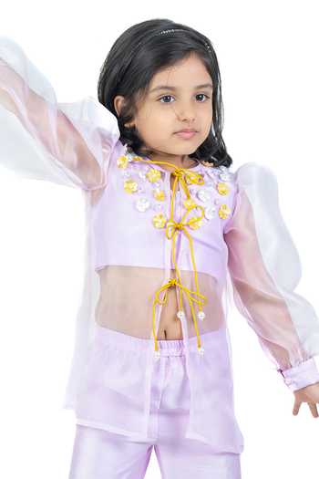 Label Kiaa_Purple Organza, Linen 3d Sequin Work Top And Pant Set _at_Aza_Fashions