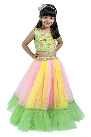 Label Kiaa_Green Net, Lycra Embroidered Top And Lehenga Set _Online_at_Aza_Fashions