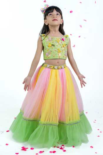 Buy_Label Kiaa_Green Net, Lycra Embroidered Top And Lehenga Set _at_Aza_Fashions