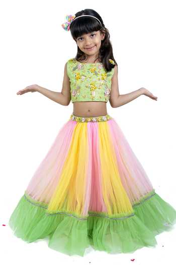 Shop_Label Kiaa_Green Net, Lycra Embroidered Top And Lehenga Set _at_Aza_Fashions