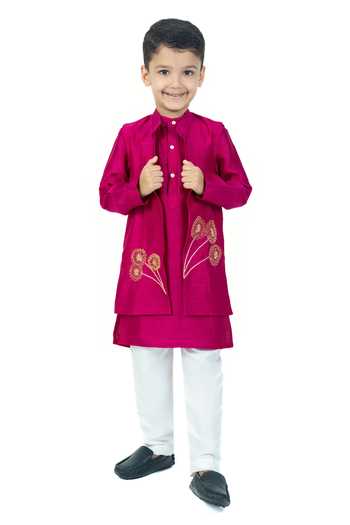 Shop_Label Kiaa_Magenta Linen Zari Embroidered Bundi And Kurta Set _at_Aza_Fashions