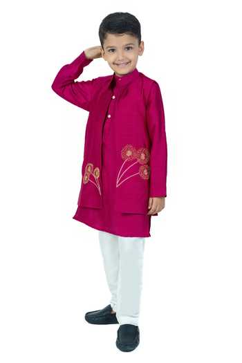 Label Kiaa_Magenta Linen Zari Embroidered Bundi And Kurta Set _Online_at_Aza_Fashions