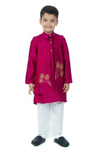 Buy_Label Kiaa_Magenta Linen Zari Embroidered Bundi And Kurta Set _Online_at_Aza_Fashions