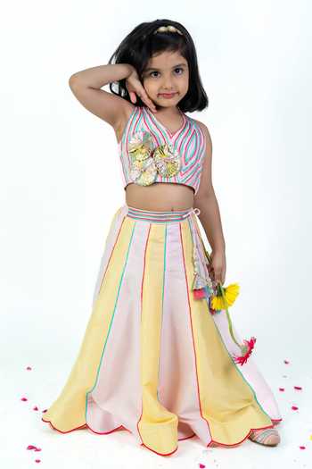 Shop_Label Kiaa_Pink Silk, Cotton Embroidered Top And Lehenga Set _at_Aza_Fashions