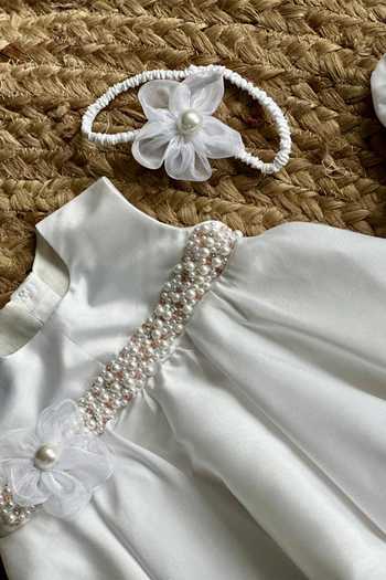 Shop_Label Kiaa_White Taffeta, Net Pearls, Fabric Flowers Little Snowflake Embroidered Dress _at_Aza_Fashions