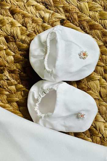 Label Kiaa_White Taffeta, Net Pearls, Fabric Flowers Little Snowflake Embroidered Dress _Online_at_Aza_Fashions
