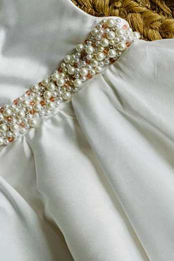 Buy_Label Kiaa_White Taffeta, Net Pearls, Fabric Flowers Little Snowflake Embroidered Dress _Online_at_Aza_Fashions