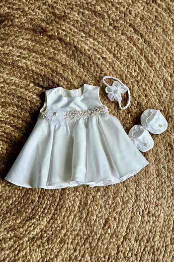 Buy_Label Kiaa_White Taffeta, Net Pearls, Fabric Flowers Little Snowflake Embroidered Dress _at_Aza_Fashions