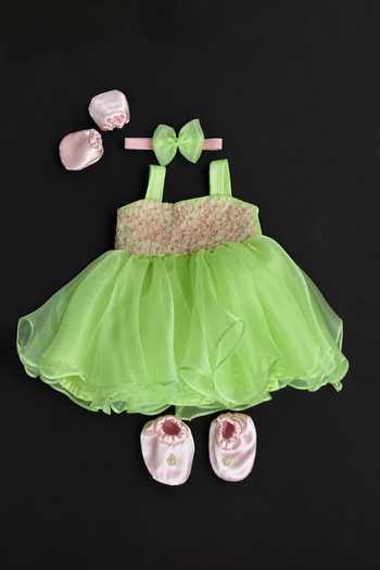 Buy_Label Kiaa_Pink Organza Bows 3d Floral Embroidered Dress Set _at_Aza_Fashions