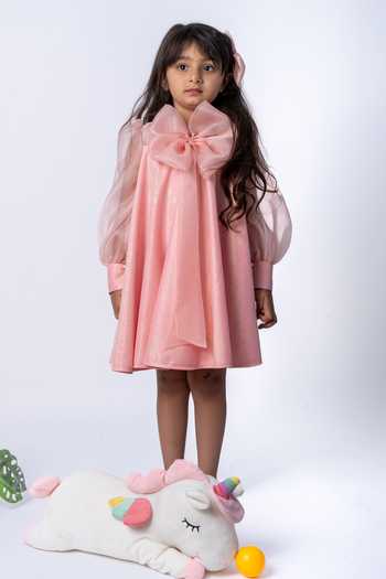 Shop_Label Kiaa_Peach Organza Bow Embellished Dress _at_Aza_Fashions