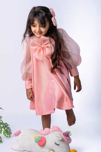 Label Kiaa_Peach Organza Bow Embellished Dress _Online_at_Aza_Fashions