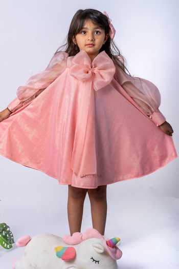 Buy_Label Kiaa_Peach Organza Bow Embellished Dress _Online_at_Aza_Fashions