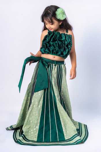 Shop_Label Kiaa_Emerald Green Brocade, Taffeta Puff Blouse And Lehenga Set _at_Aza_Fashions