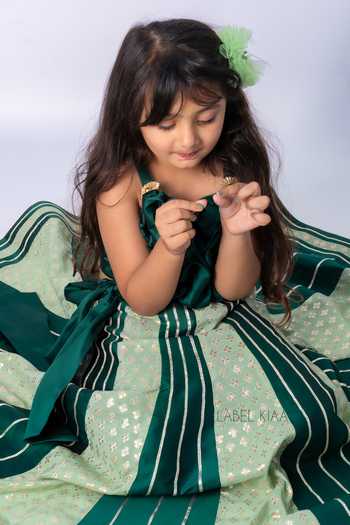 Label Kiaa_Emerald Green Brocade, Taffeta Puff Blouse And Lehenga Set _Online_at_Aza_Fashions
