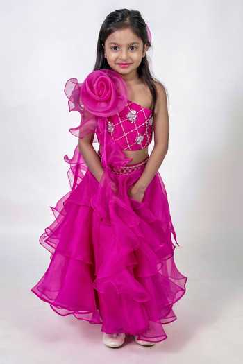 Buy_Label Kiaa_Pink Organza Crystal Embellished Blouse And Lehenga Set _at_Aza_Fashions