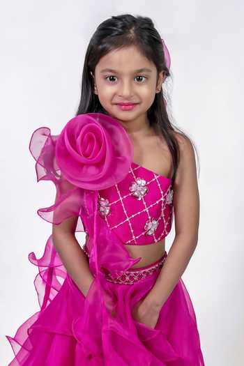 Label Kiaa_Pink Organza Crystal Embellished Blouse And Lehenga Set _Online_at_Aza_Fashions