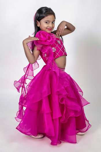 Shop_Label Kiaa_Pink Organza Crystal Embellished Blouse And Lehenga Set _at_Aza_Fashions