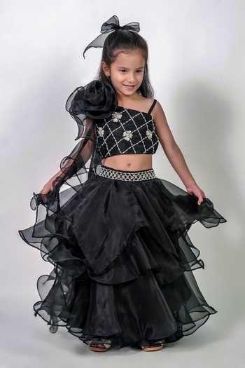 Label Kiaa_Black Organza Embroidered Ruffle Lehenga And Blouse Set _Online_at_Aza_Fashions