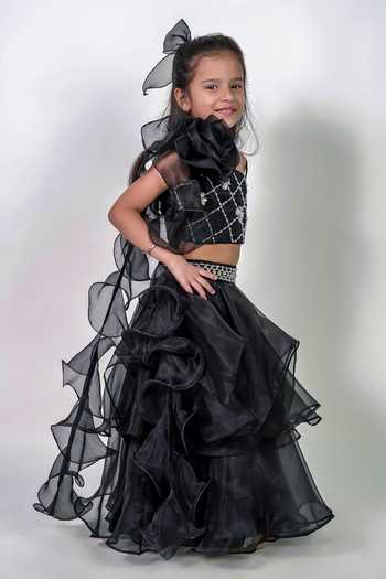 Shop_Label Kiaa_Black Organza Embroidered Ruffle Lehenga And Blouse Set _at_Aza_Fashions