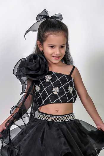 Buy_Label Kiaa_Black Organza Embroidered Ruffle Lehenga And Blouse Set _Online_at_Aza_Fashions