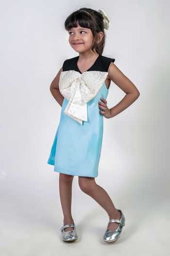 Shop_Label Kiaa_Sky Blue Satin, Suede Pearl Embellished Bow Dress _at_Aza_Fashions