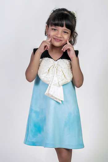 Label Kiaa_Sky Blue Satin, Suede Pearl Embellished Bow Dress _Online_at_Aza_Fashions