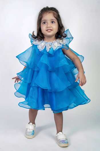 Shop_Label Kiaa_Blue Organza 3d Floral Embroidered Dress _at_Aza_Fashions