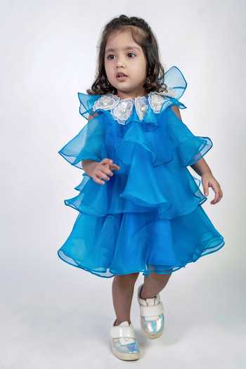 Buy_Label Kiaa_Blue Organza 3d Floral Embroidered Dress _at_Aza_Fashions