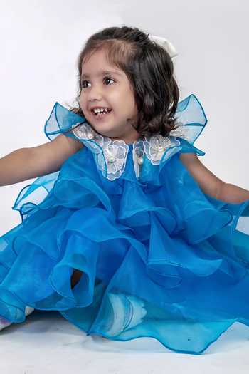 Label Kiaa_Blue Organza 3d Floral Embroidered Dress _Online_at_Aza_Fashions