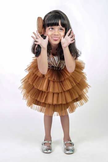 Label Kiaa_Brown Taffeta Frill Dress _Online_at_Aza_Fashions