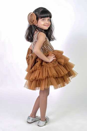 Buy_Label Kiaa_Brown Taffeta Frill Dress _Online_at_Aza_Fashions