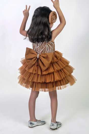 Shop_Label Kiaa_Brown Taffeta Frill Dress _at_Aza_Fashions