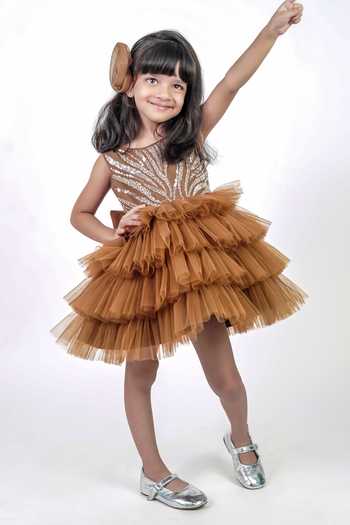 Buy_Label Kiaa_Brown Taffeta Frill Dress _at_Aza_Fashions