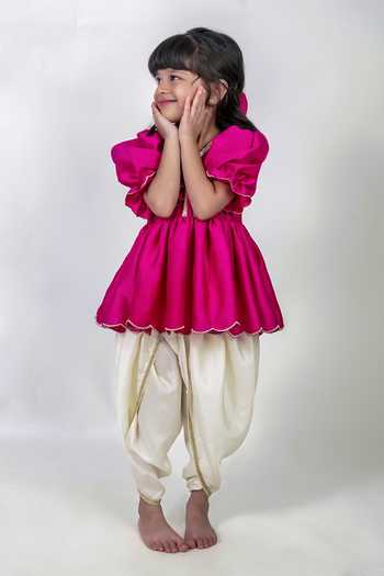 Shop_Label Kiaa_Pink Linen Embroidered Peplum Kurta And Tulip Pant Set _at_Aza_Fashions