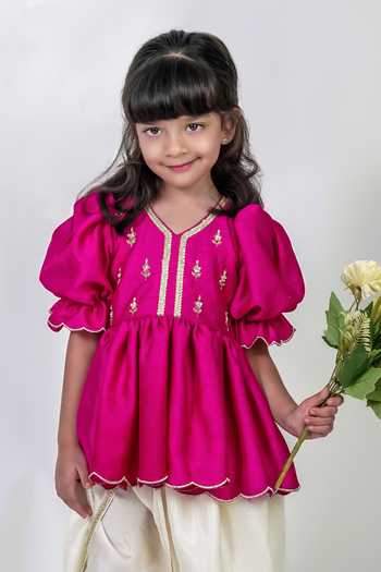 Label Kiaa_Pink Linen Embroidered Peplum Kurta And Tulip Pant Set _Online_at_Aza_Fashions