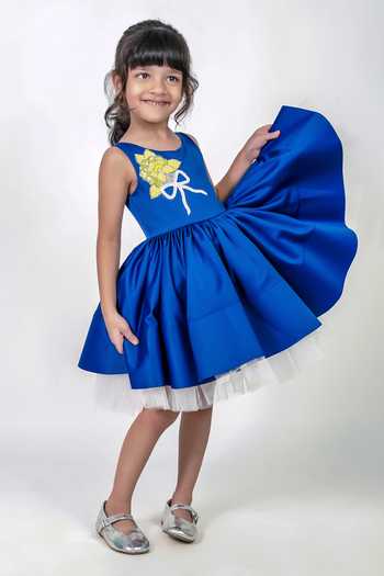 Shop_Label Kiaa_Blue Satin, Net Embroidered Dress _at_Aza_Fashions
