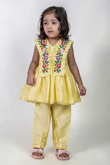 Shop_Label Kiaa_Yellow Silk, Cotton Embroidered Kurta And Pant Set _at_Aza_Fashions