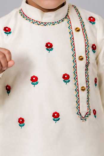 Shop_Label Kiaa_White Silk, Cotton, Chiffon Rose Embroidered Kurta And Pyjama Set _at_Aza_Fashions